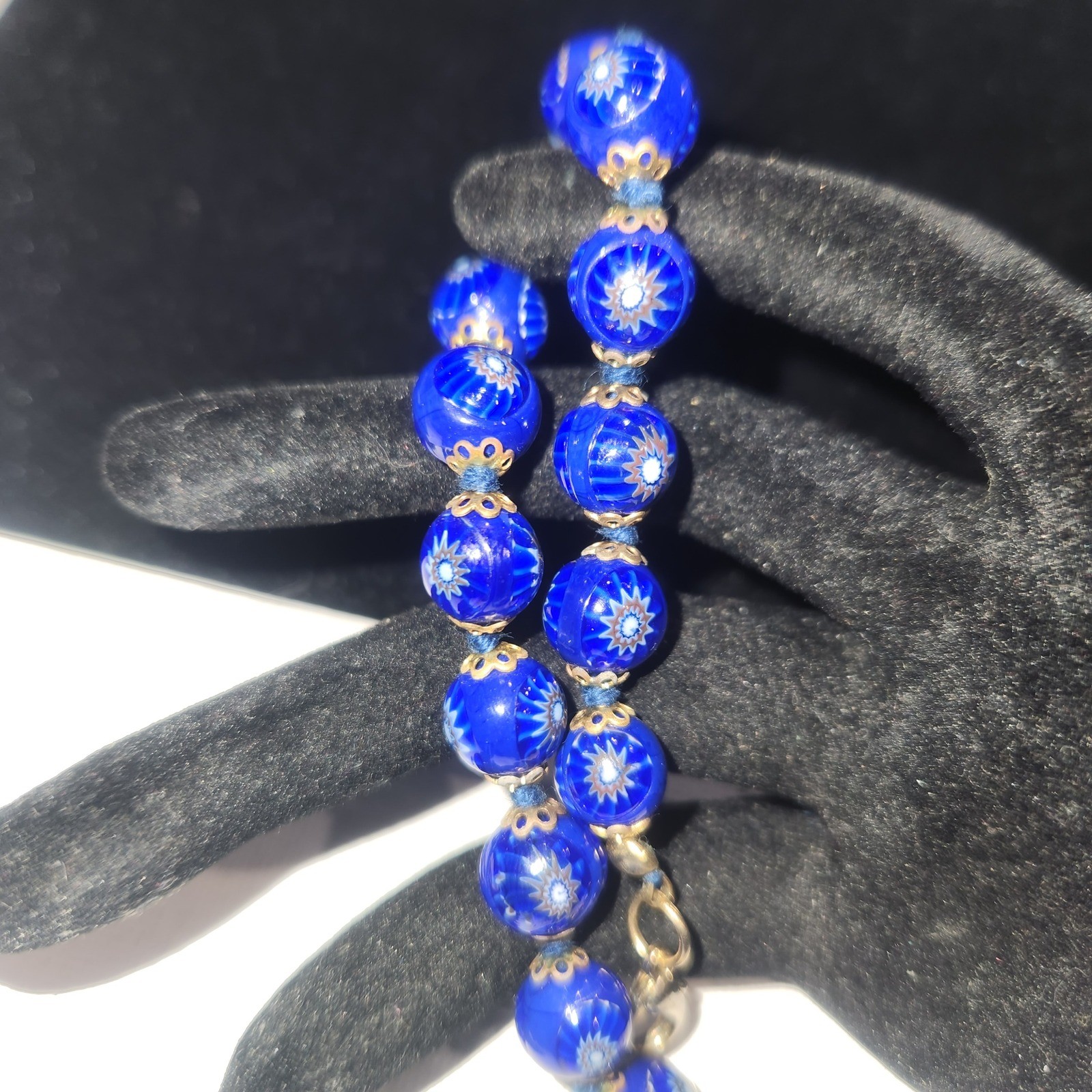 Vintage Venetian Millefiori Glass Bead Bracelet Cobalt Blue Gold Tone 7Inch