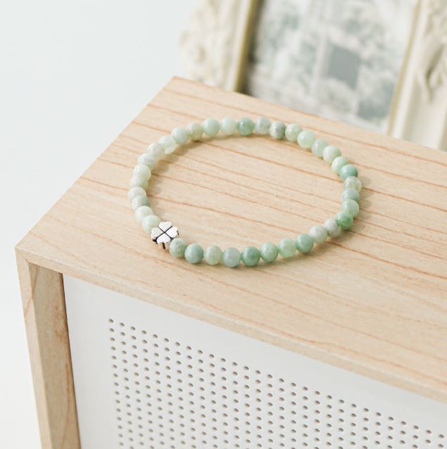 Natural Jadeite Bracelet 4mm 925 Silver Four Leaf Clover Lucky Talisman Beads