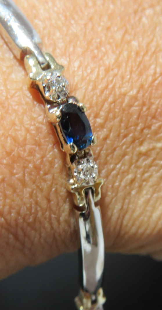 10K 2TONE LADIES BLUE SAPPHIRE & DIAMOND TENNIS BRACELET 8″ LONG 9.82g(A22062-3)