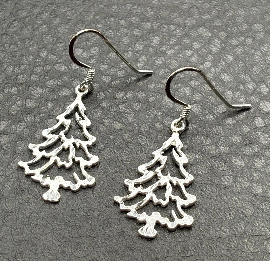 Sterling Silver Christmas Tree Earrings Cut Out Design Holiday Dangle