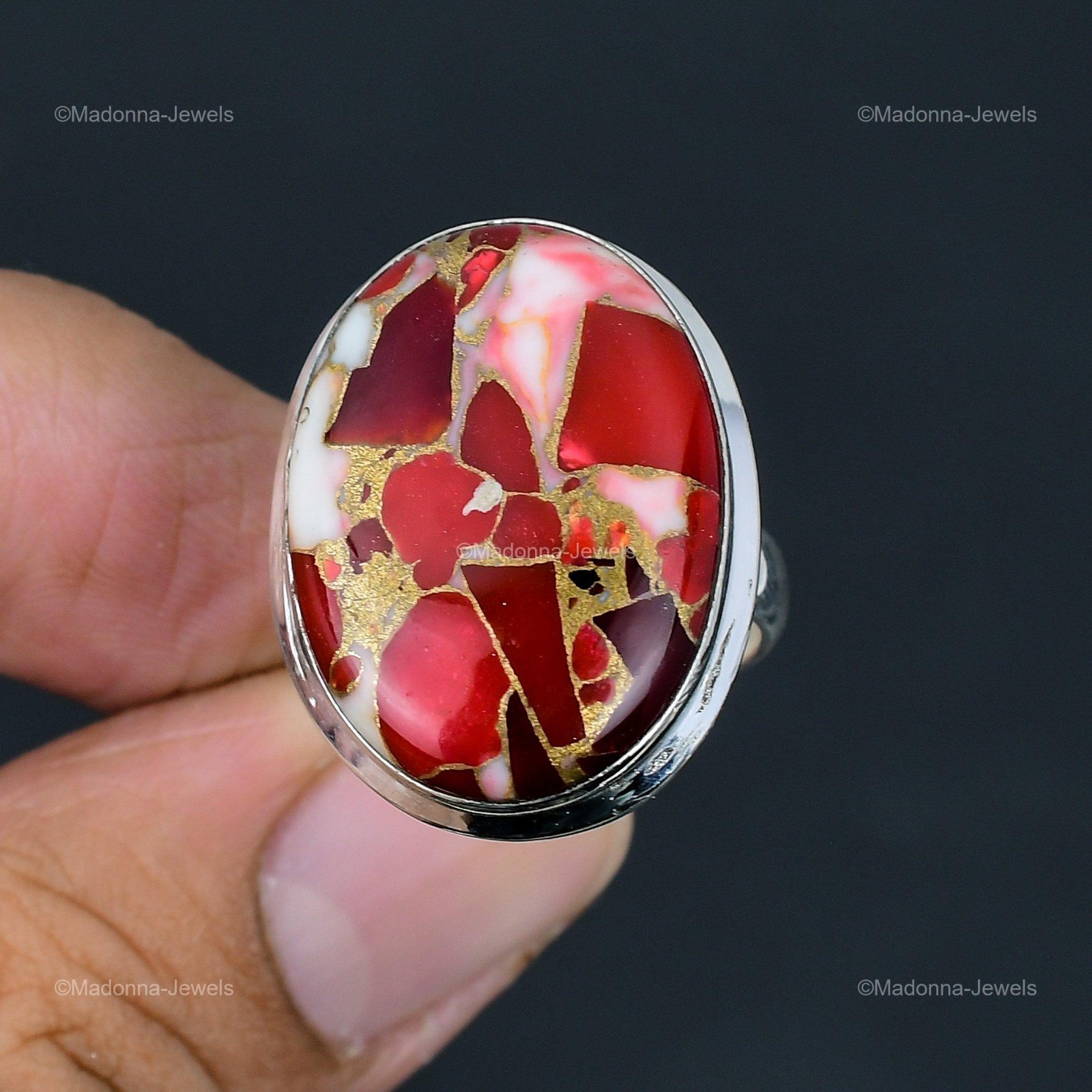 Oval Natural Kingman Red Mohave Copper Turquoise Sterling Silver Ring Jewelry