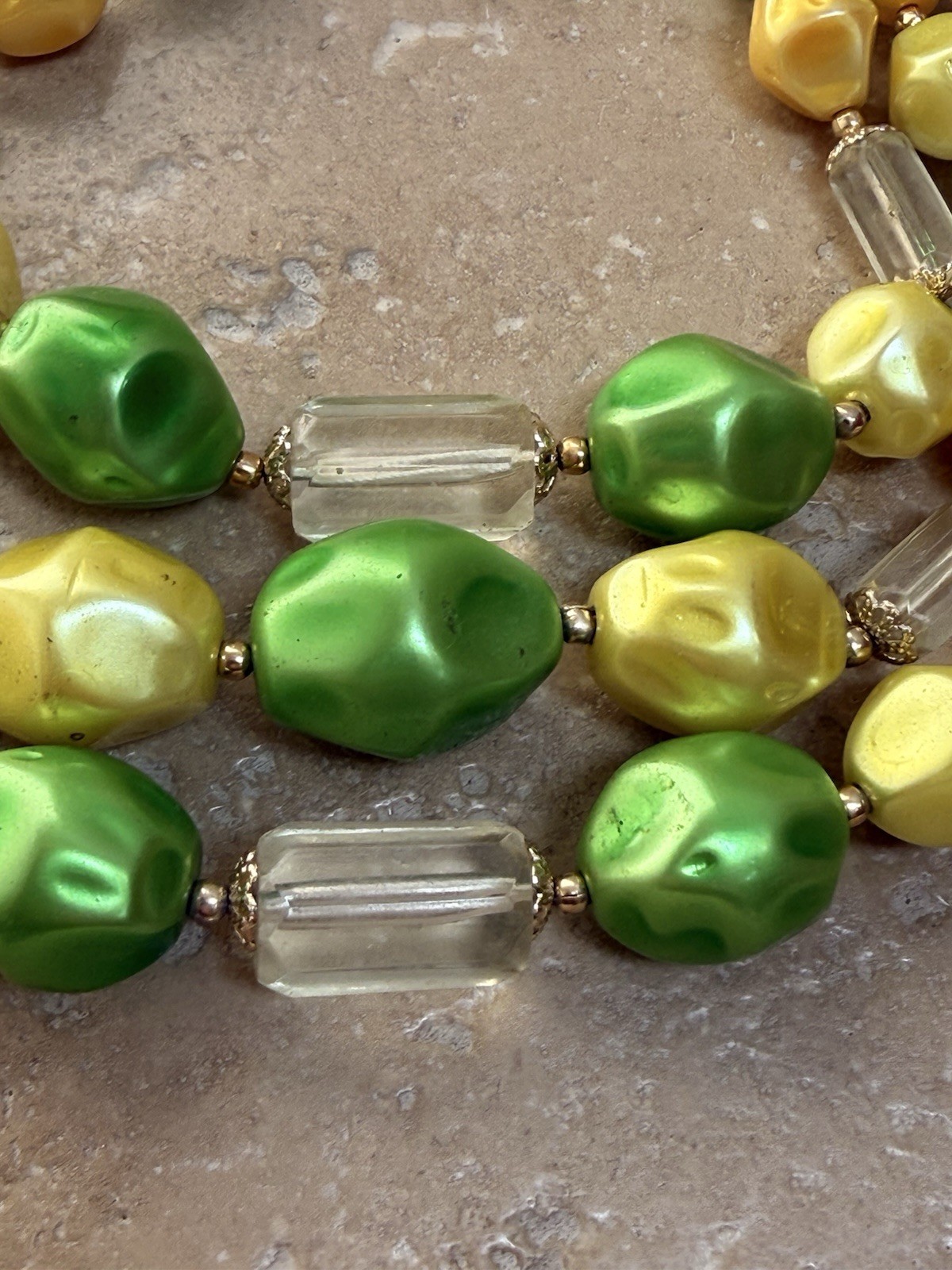 Vintage Yellow Green Lemon Lime Multi Strand Faux Pearl Bead Necklace Japan MCM