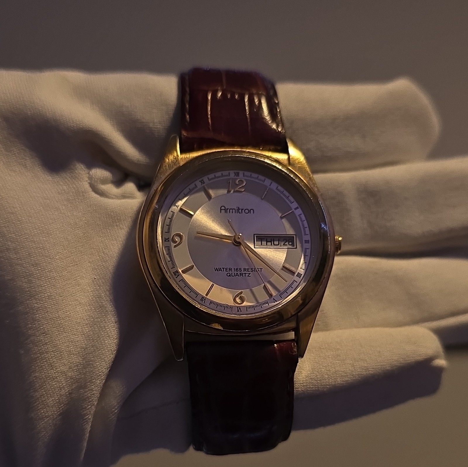 Armitron Men’s Quartz Day/Date Watch 165ft Water Resist Gold Tone Brown Leather