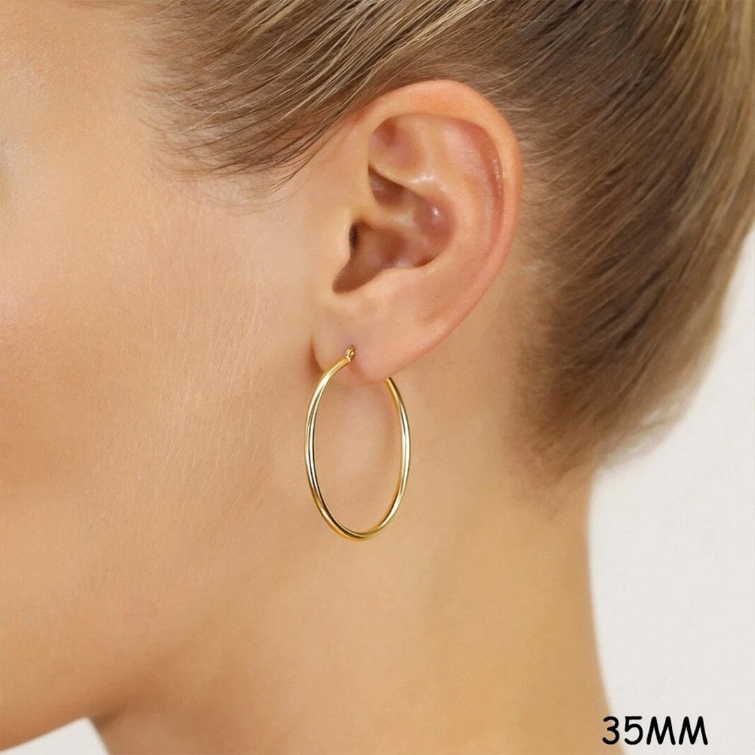 35mm 14K Real Solid Yellow Gold Shiny Polished Round Creole Hoop Earrings Gift