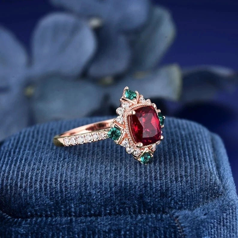 3.10 Ct Cushion Cut Natural Red Ruby & Diamond Wedding Ring 14K Yellow Gold