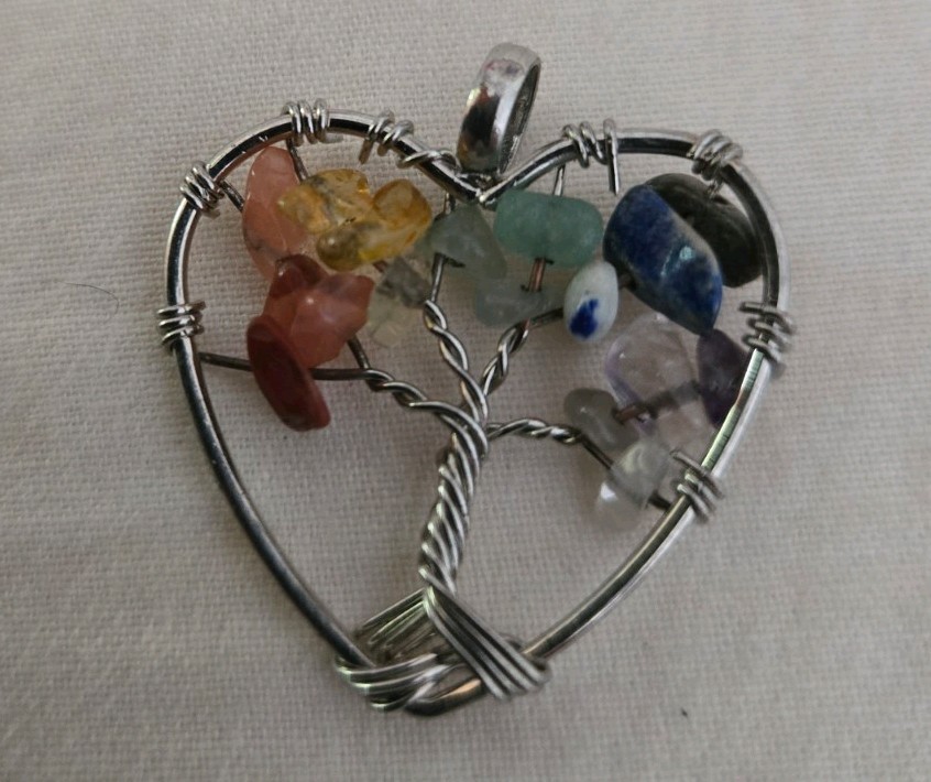 Vintage Artisan Silver Wire Wrapped Heart Gemstone Chakra Tree Of Life Pendant