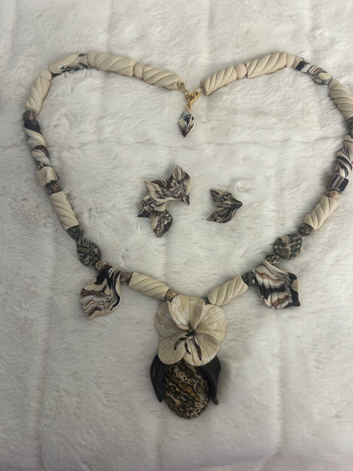 HANDMADE ARTISAN POLYMER CLAY ORCHID NECKLACE & EARRINGS FAUX JASPER OOAK SET