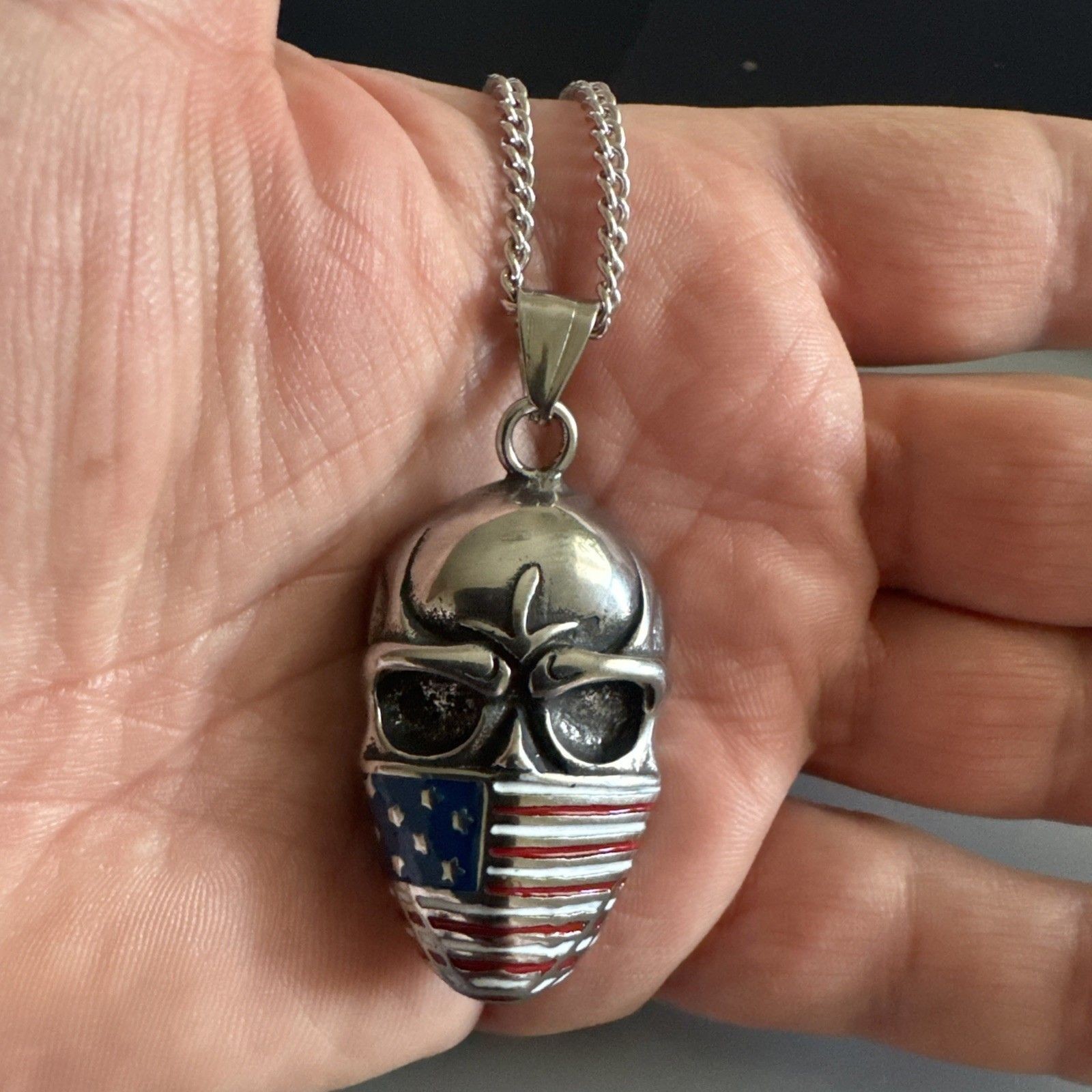 Flag Face Bandana Skull Pendant Stainless Steel on Cuban Link Chain U.S.A. Gift