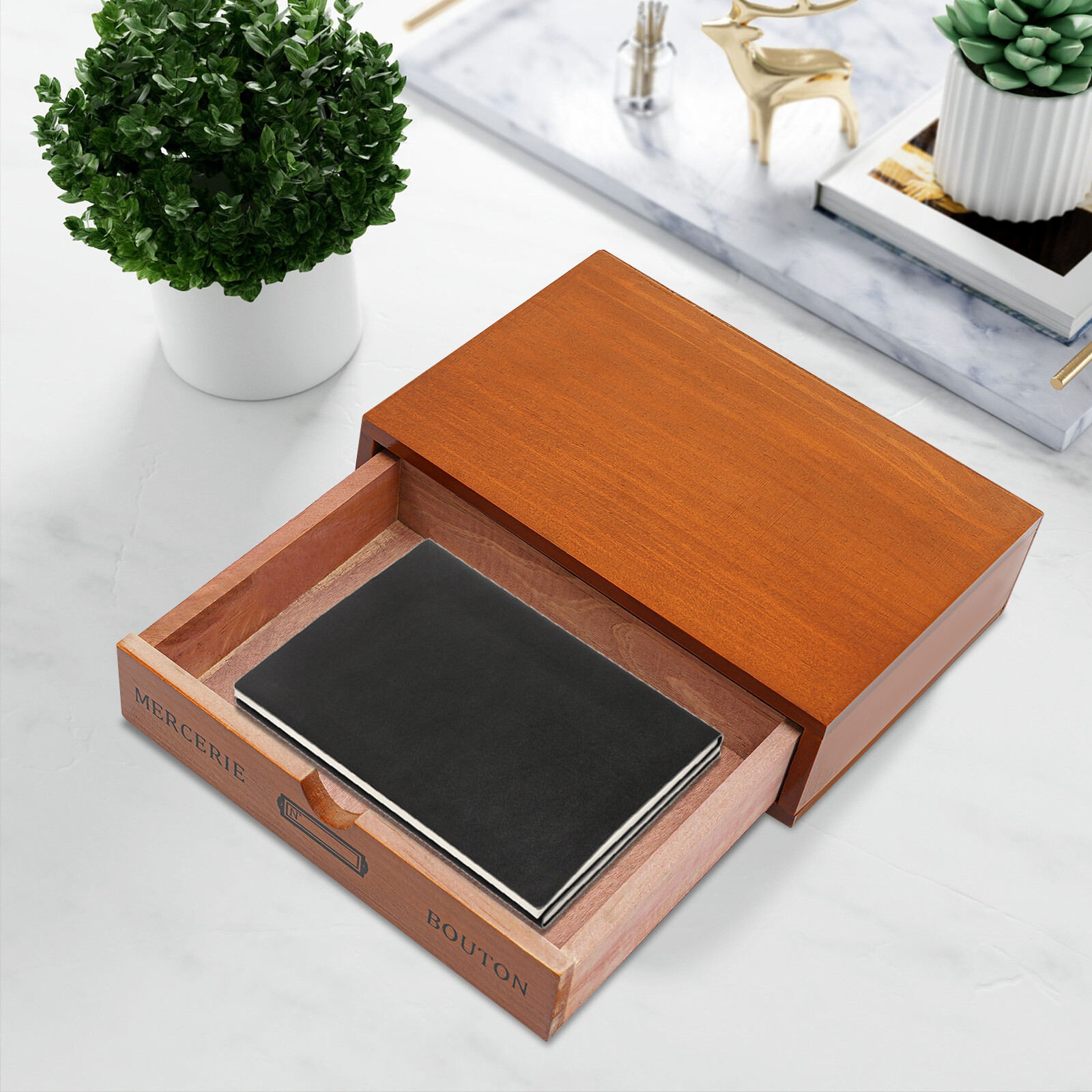 Single-Drawer Storage Box Table-Top Holder Case Wooden Desktop Jewelry Organizer