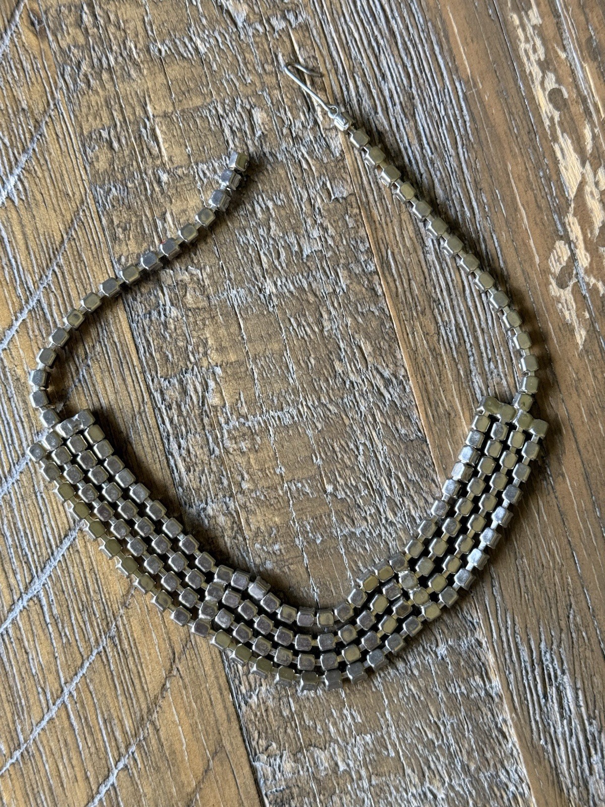 Vintage 1950’s Four Row Rhinestone Choker Style Necklace Silver Tone 15” Inch