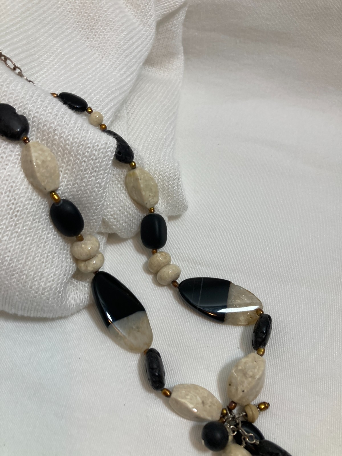 Vintage Earthy Statement Necklace Artsy Ethnic Artisan Black & Cream Stones
