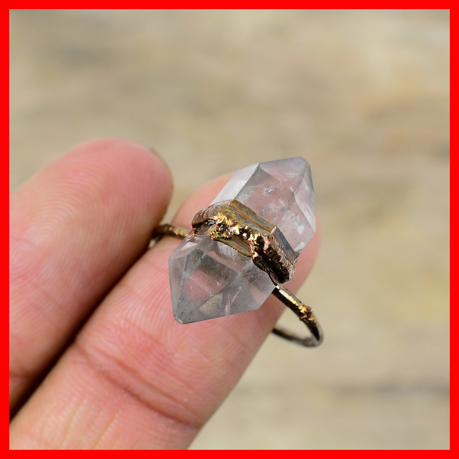 Herkimer Diamond Gemstone Copper Statement Electroformed Promise Handmade Ring