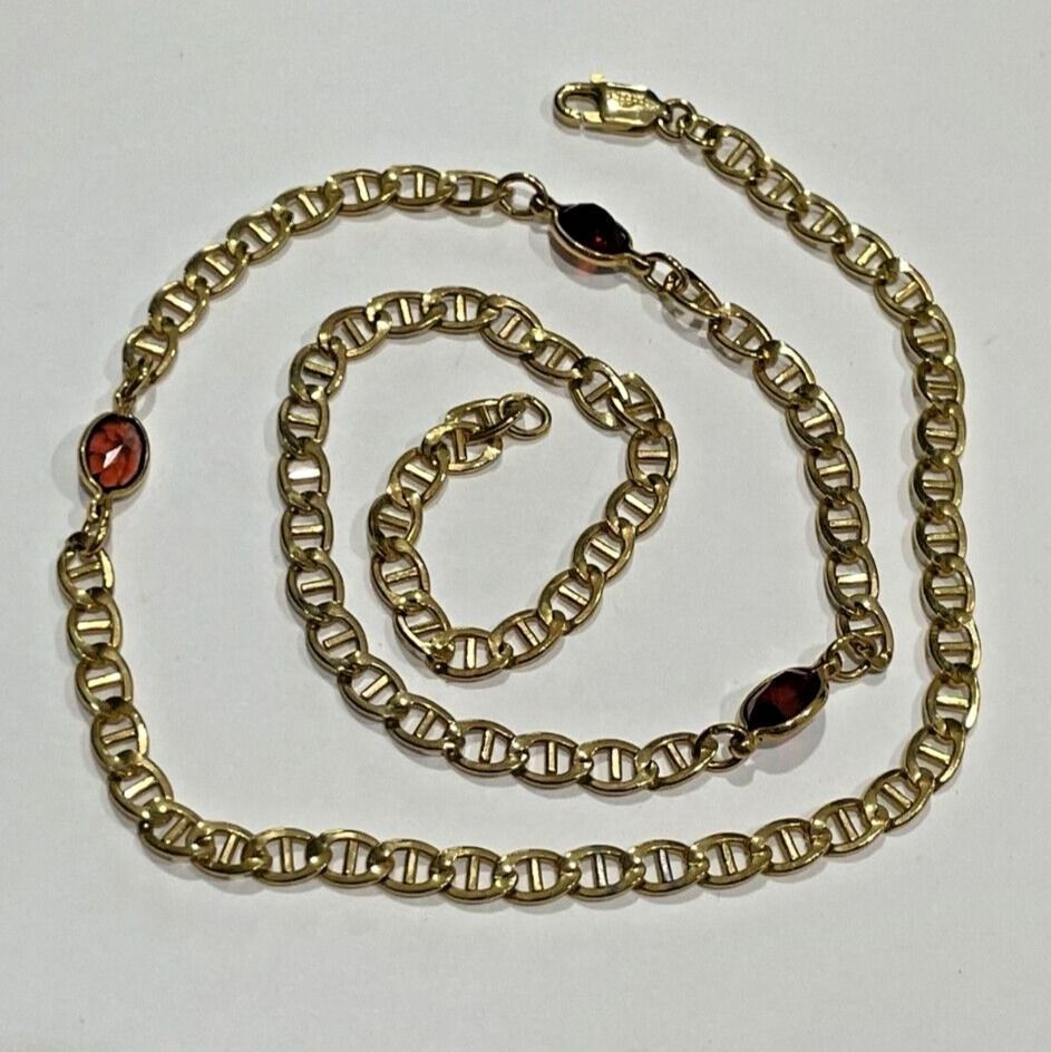 Vtg 1/30 14K Gold Over Sterling Mariner Link Red Glass Station Necklace 17.5″