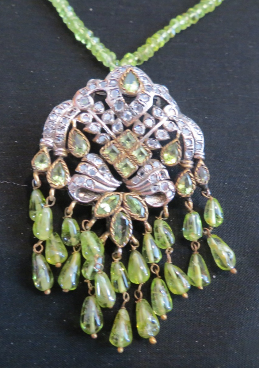 Vtg Chinese Export Green Glass Beads Silver Dangle Necklace & Pierced Earrings