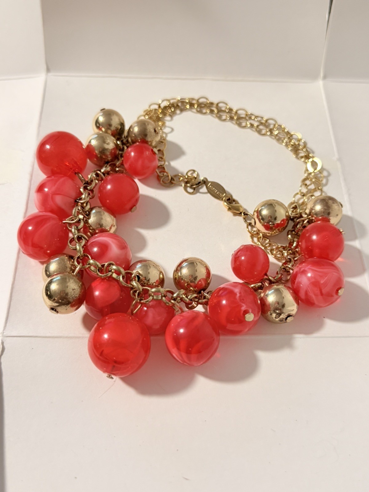 Vintage A.V. Max Pink Cha Cha Necklace Gold Tone Lucite Bead Adjustable Signed