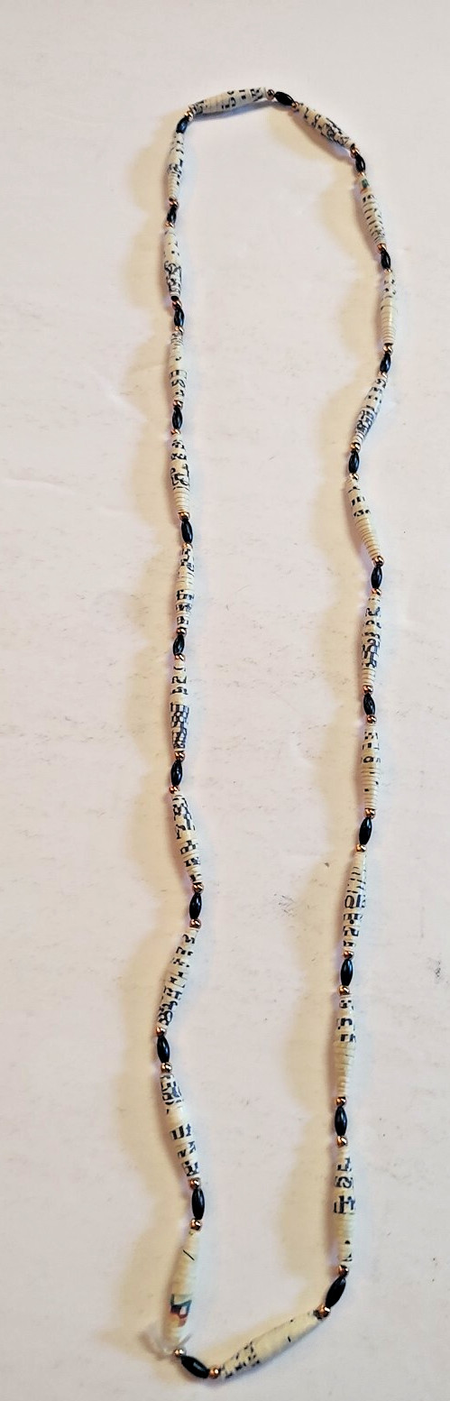 Hand Crafted Paper Bead Strand Necklace ~ Blue & White Approx 30″