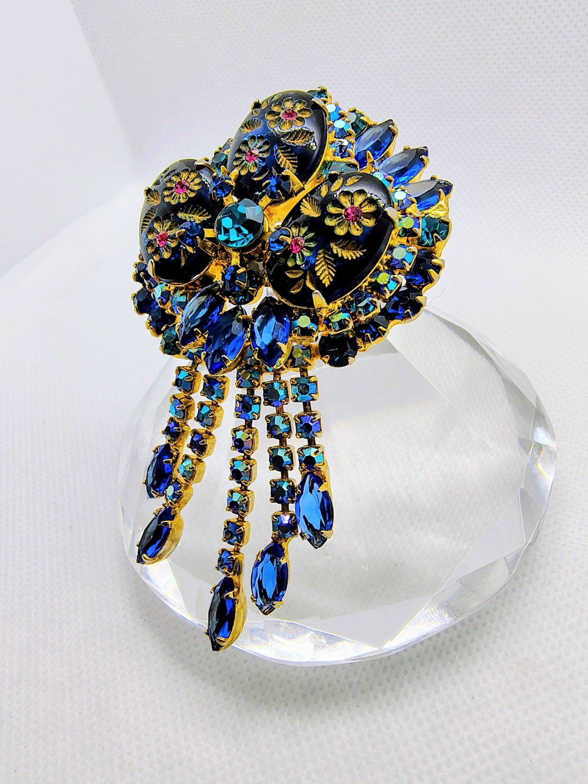 Juliana “Fruit Bowl” Sapphire Blue Waterfall, Carved Pendant Brooch 60’s Book Pc