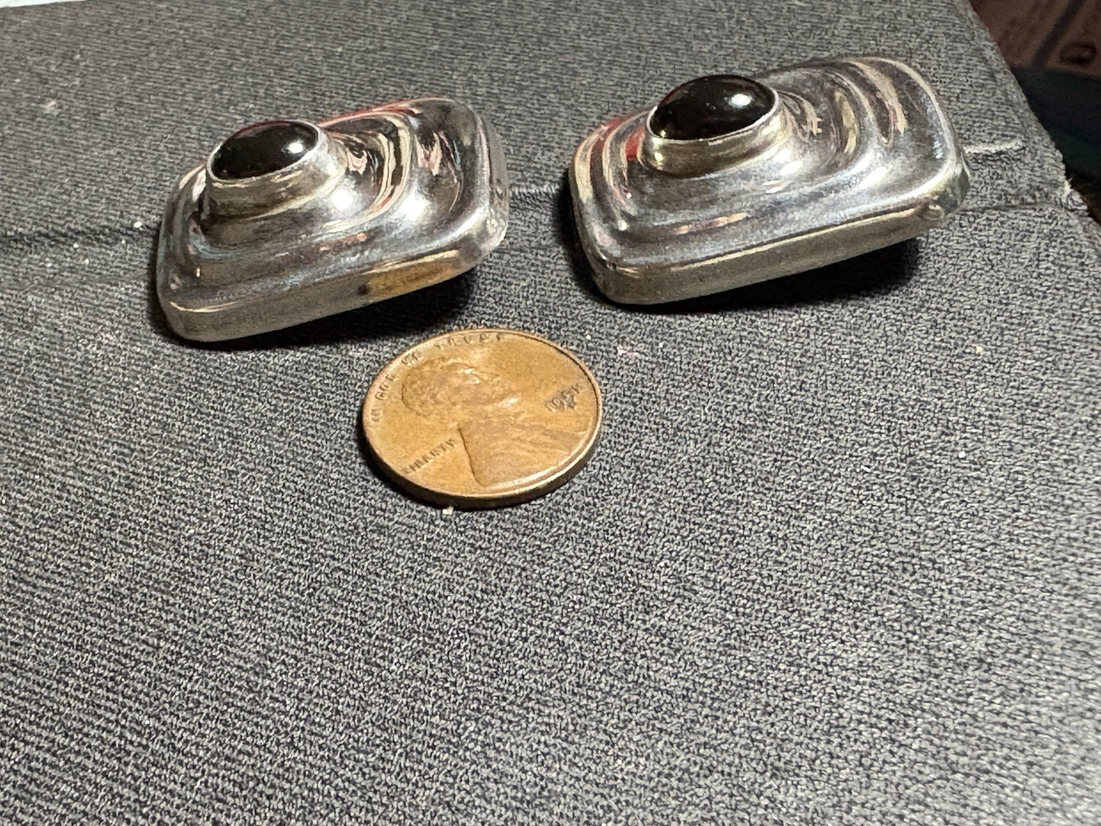 Large Sterling Vintage Mexico Onyx Clip On Earrings TC-132 925 Silver