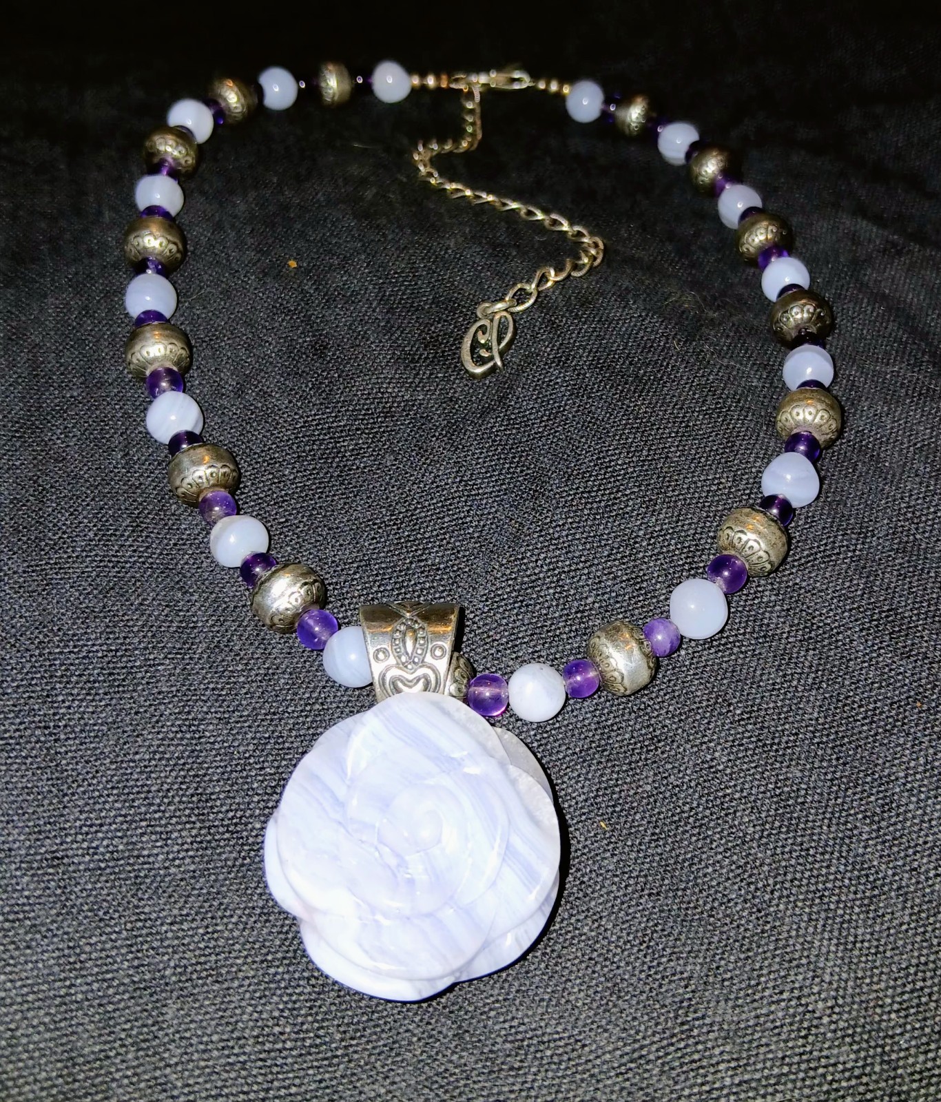 Carolyn Pollack Sterling Carved Blue Lace Agate Amethyst Necklace Rose Pendant