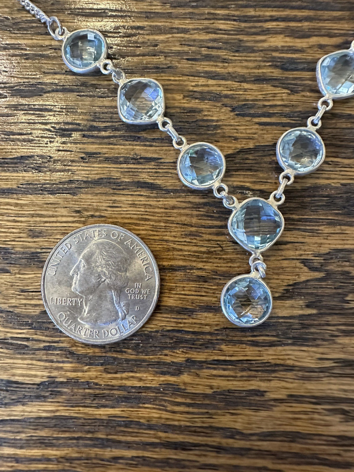 Sterling Silver 8 Faceted Aquamarine Colored Stone Necklace 16 in with 2 in ext