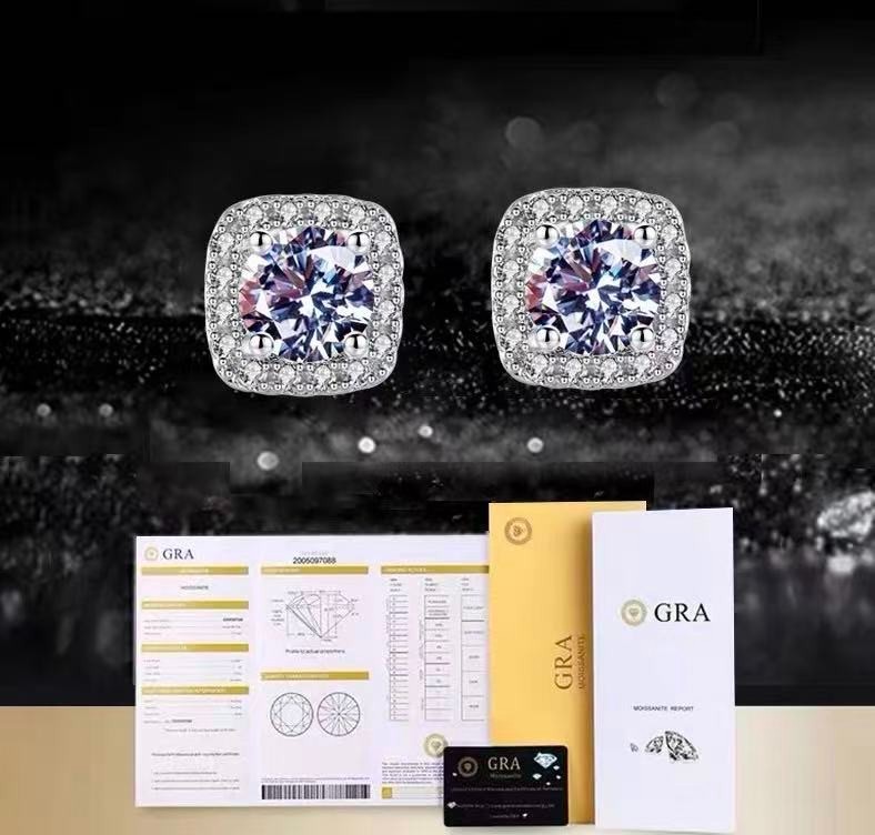 1.0 CT Moissanite Square Halo Stud Earrings 925 Silver Hip Hop Mens Ladies Iced.