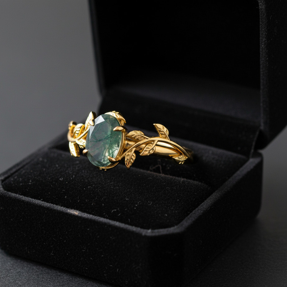 Natural Moss Agate Ring Oval Nature Leaf Ring Engagement Ring Moss Jewelry