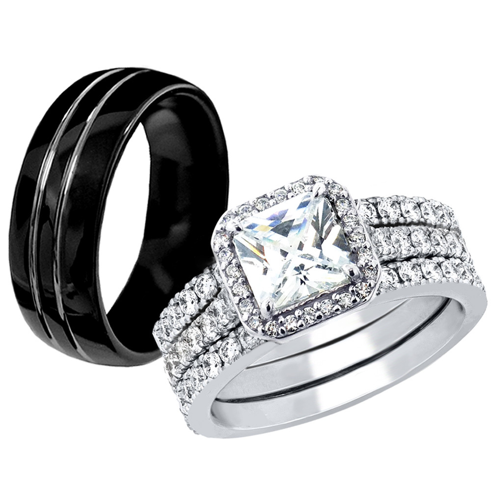 Her Sterling Silver His Black Tungsten Engagement Couple Wedding Rings Band Set