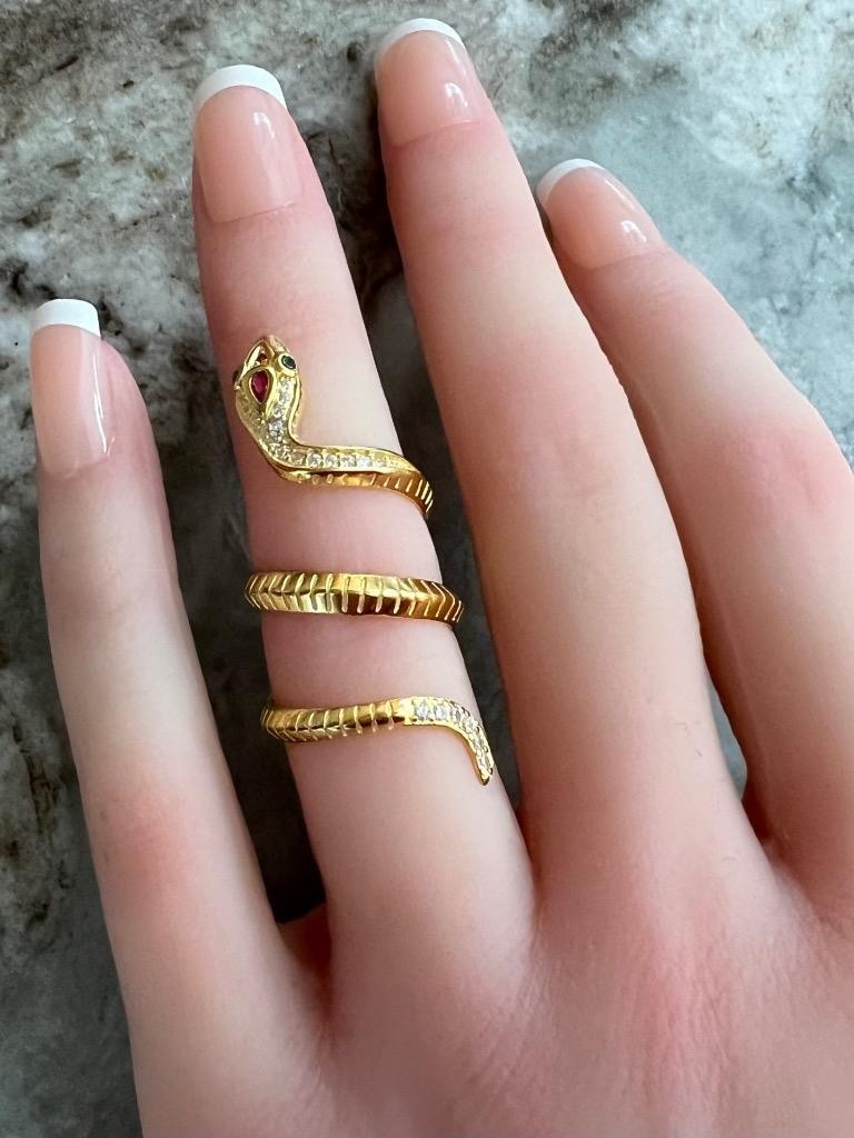 REAL Ruby Emerald Diamond Snake Ring 14K Y Gold on 925 wrap coiled Egyptian Rev