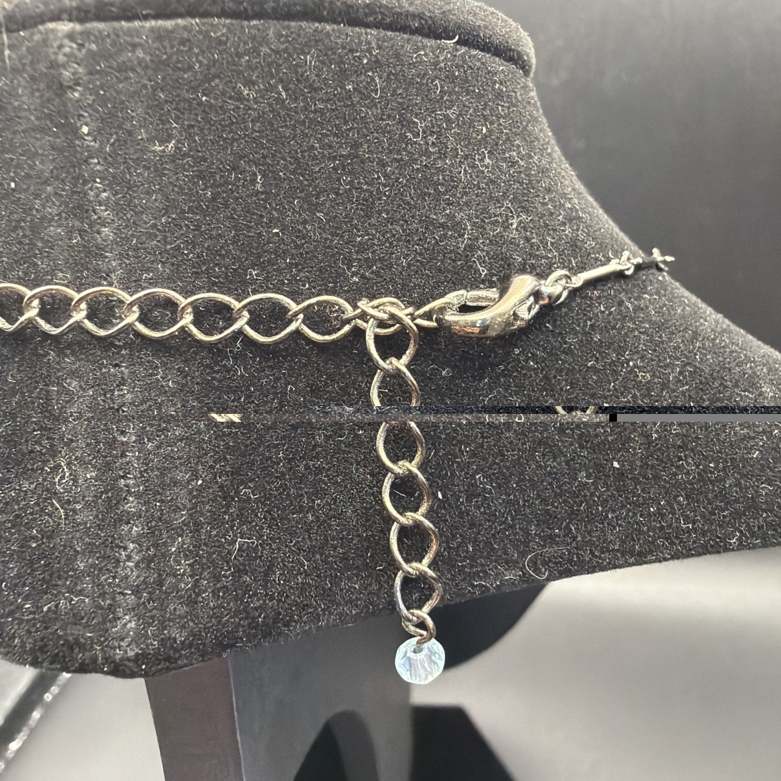 695. Oxidized Gun Metal Chain Pale Blue Satin Glass Teardrop Dangles