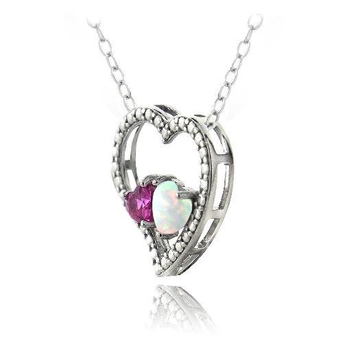 Silver Diamond Accent Created Pink Sapphire &White Opal 3Floating Heart Necklace