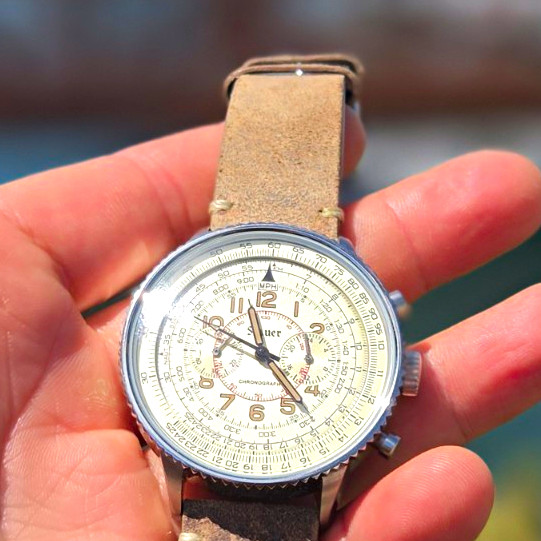Stauer Co-Pilot Aviator Chronograph Tan Dial with Suede Band Quartz Watch | 43mm