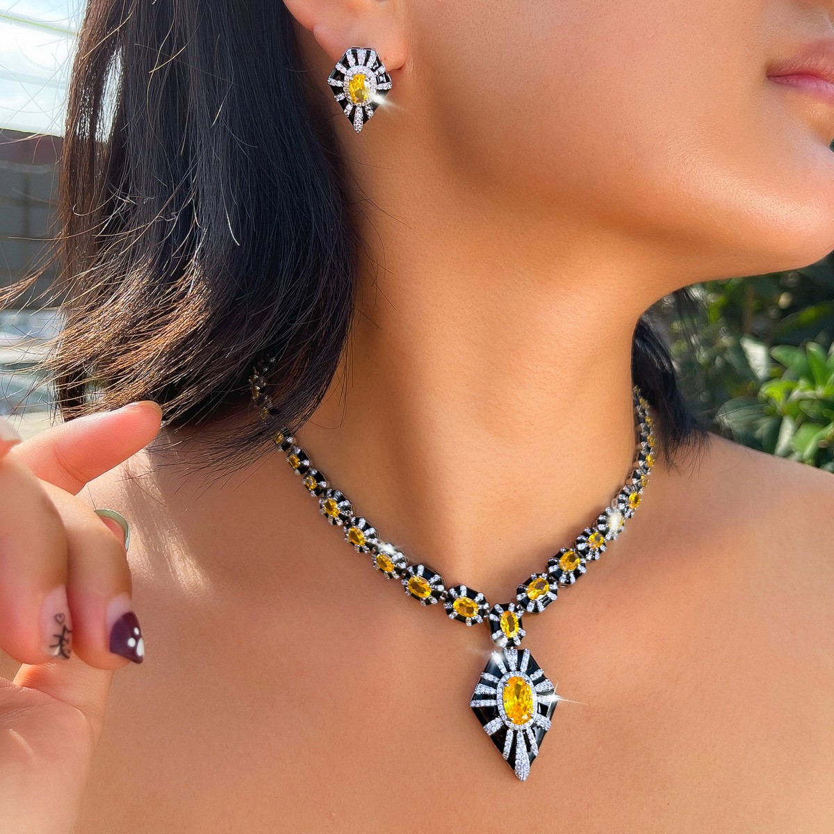 Women Silver Plated Yellow Zirconia Pentagon Earrings Necklace Party Jewelry Set
