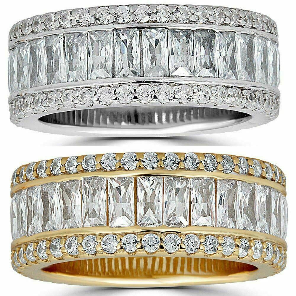 Anillo De PLATA 925 Maciza Con Diamantes Baguette Simulados Bañado en Oro 14K
