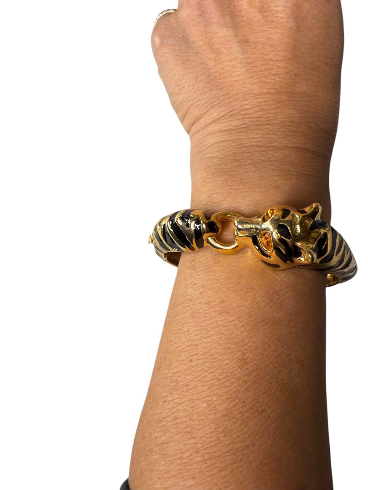 Black Enamel Tiger Bangle Bracelet Hinged Clapmer Gold Tone With Rhinstone