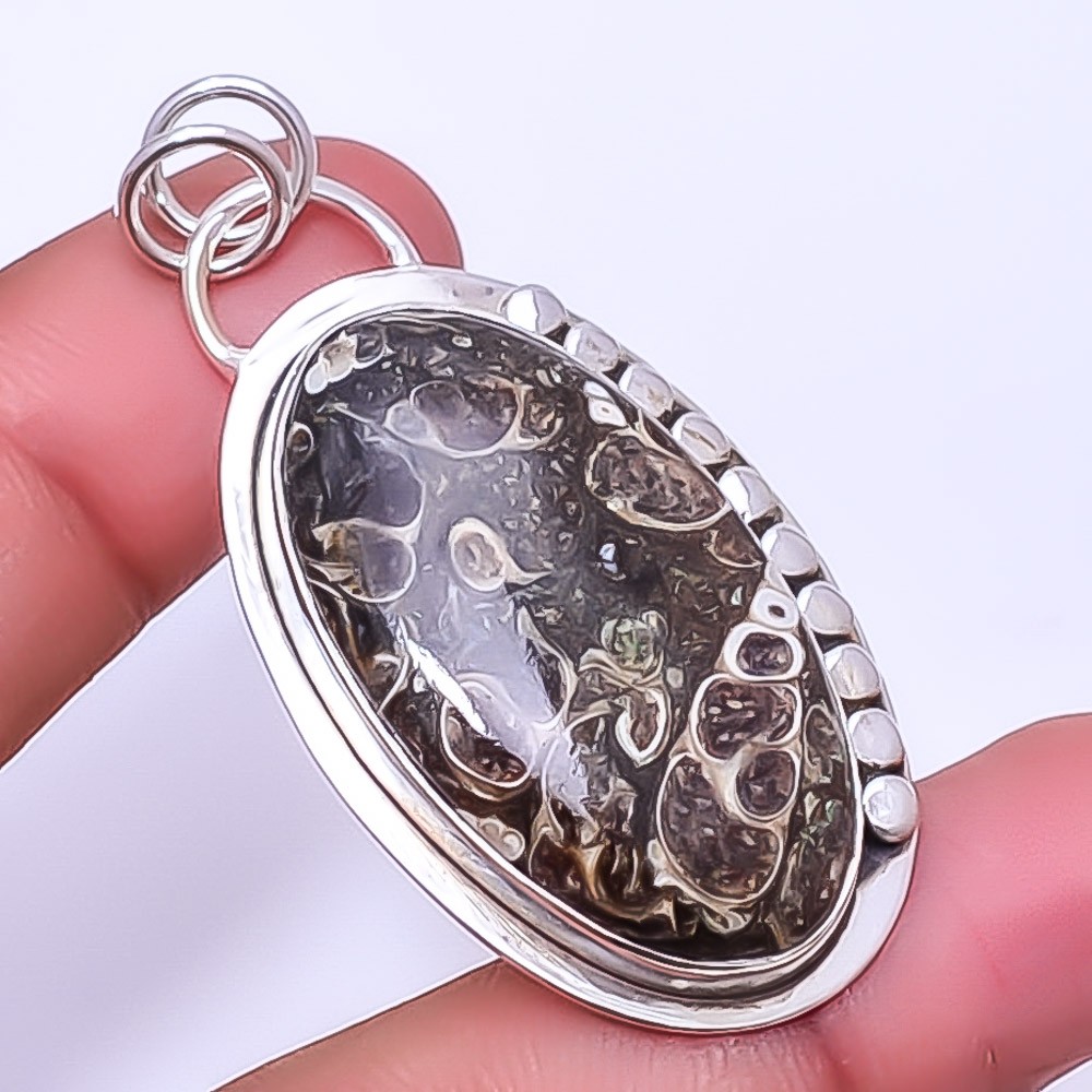 Turritella Fossil Agate Gemstone 925 Sterling Silver Handmade Pendant 2.11″ A330