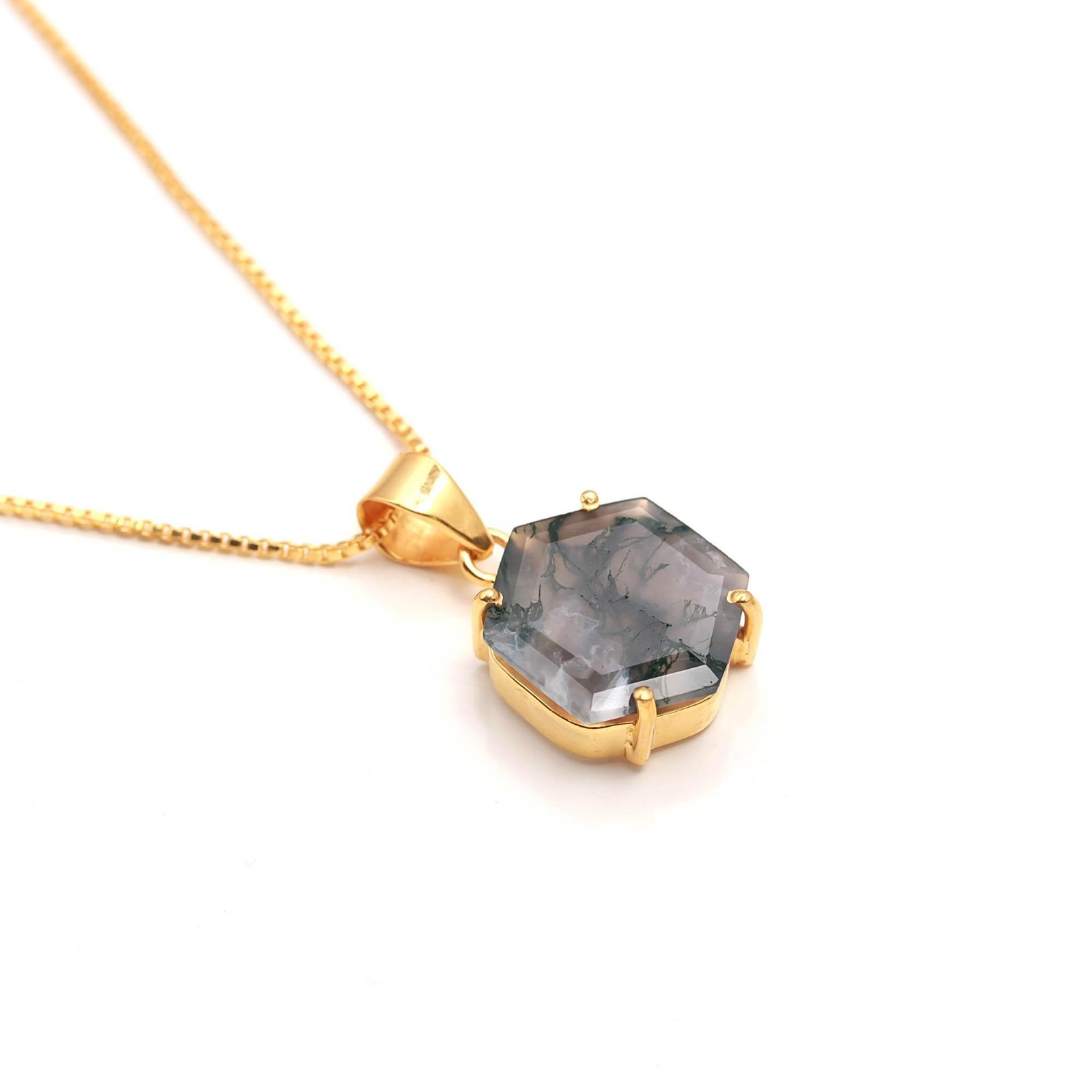 Natural Moss Agate Hexagon Necklace Gold Plated Solid Silver Handmade Jewelry