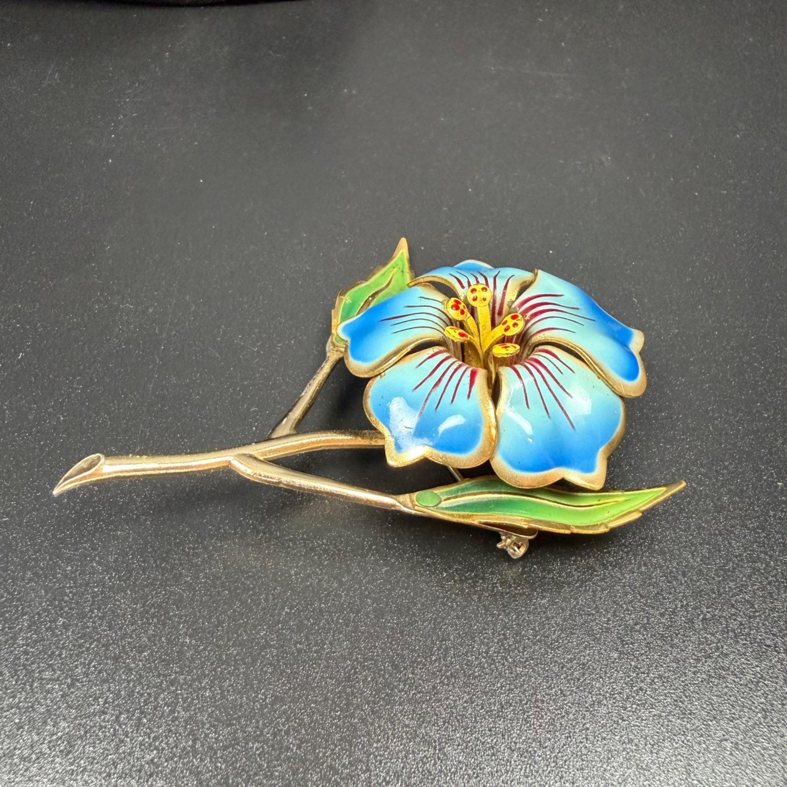 Vintage Blue Cold Painted Enamel Flower Brooch Gold Tone Statement Pin 3.75 In