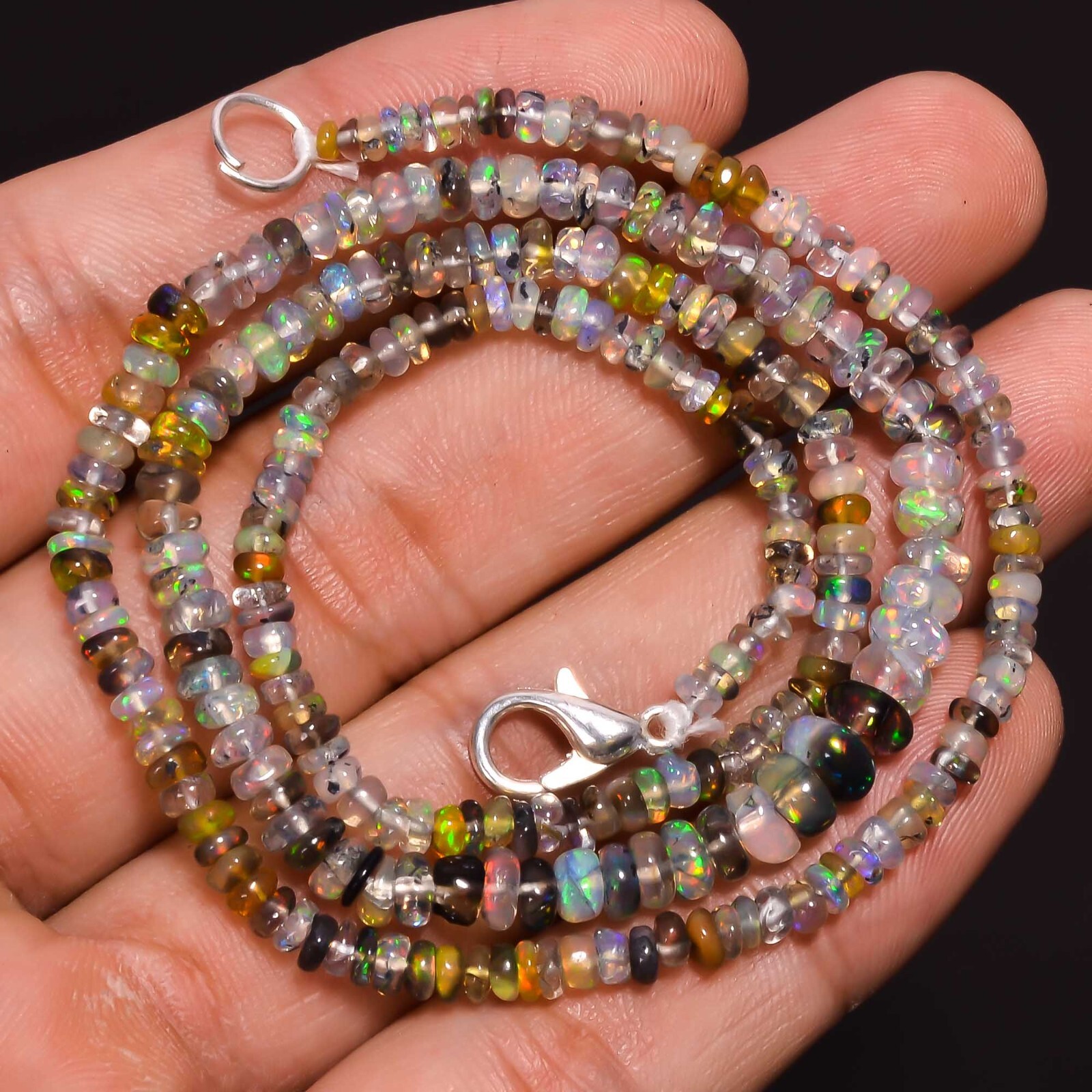 34.45 Ct Welo Fire Multi Ethiopian Opal Rondelle Smooth Beads Necklace 18″ A2939