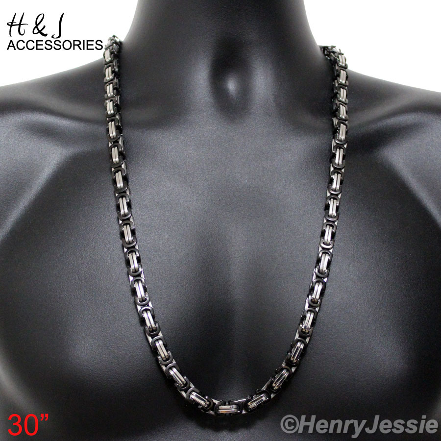 18-40″Stainless Steel 9mm Silver/Black Plated Byzantine Box Chain Necklace*NS