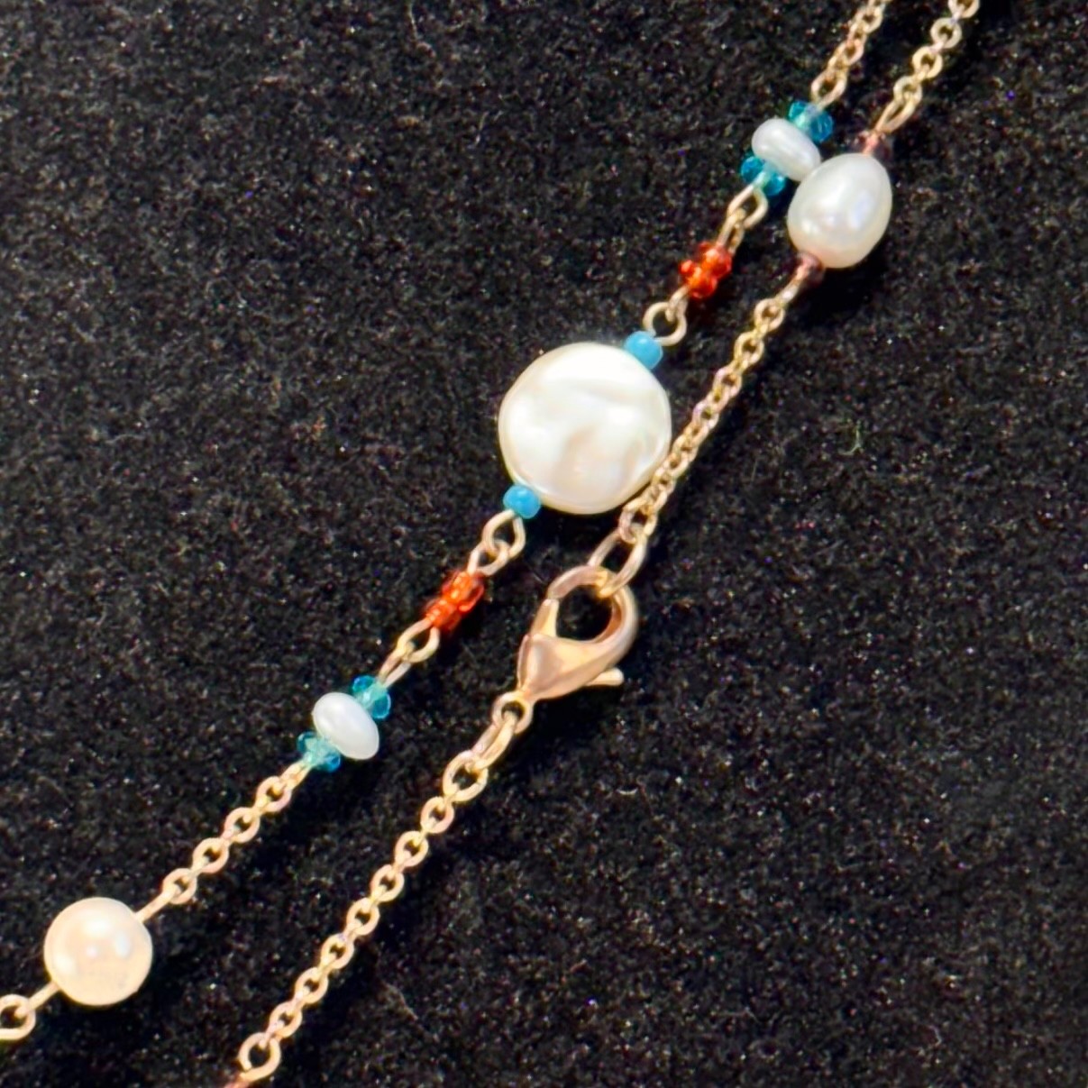 NECKLACE multicolor white acrylic beads real pearl goldtone metal chain long 36″