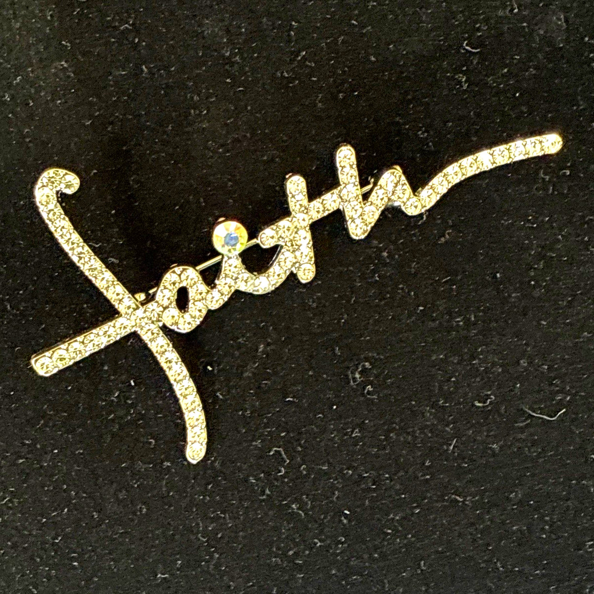 Faith Cross Brooch Pin Gold Tone Metal Clear Rhinestone Crystal Religious