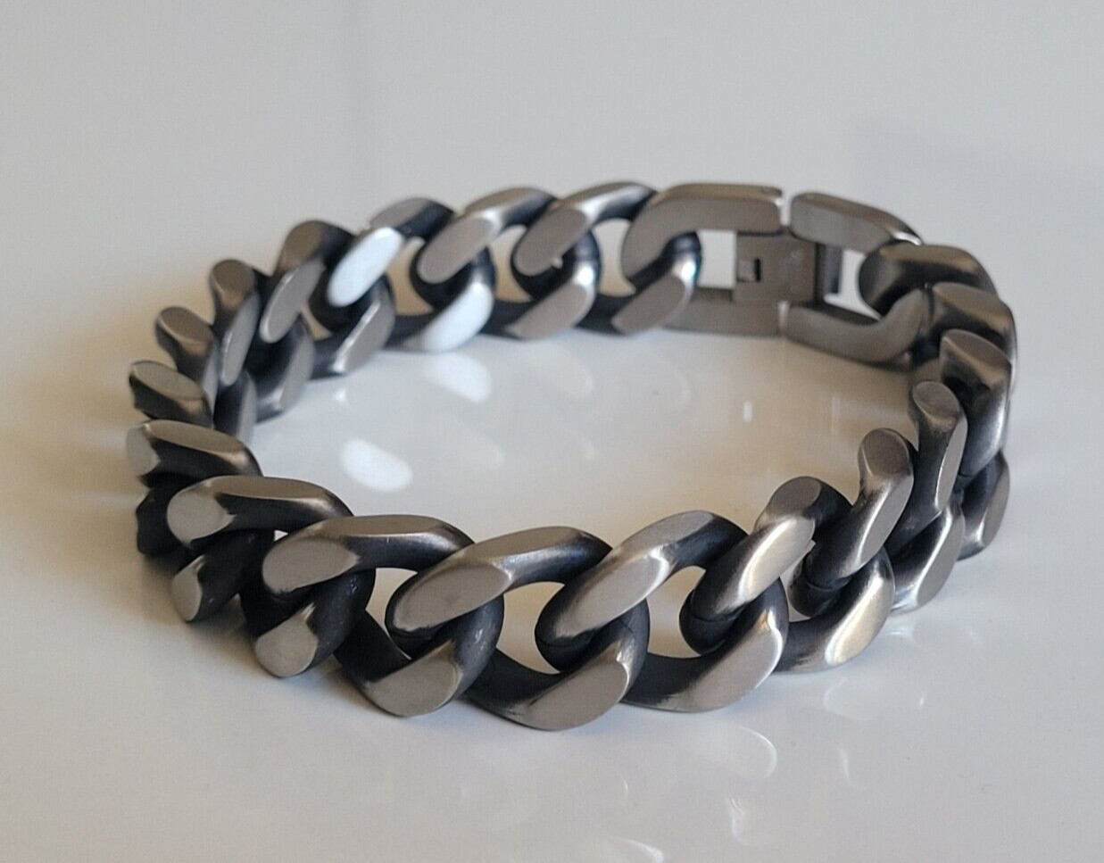 Oxidized Stainless Steel 14mm Cuban Bracelet – Matte Silver 8″ Heavy Bracelet