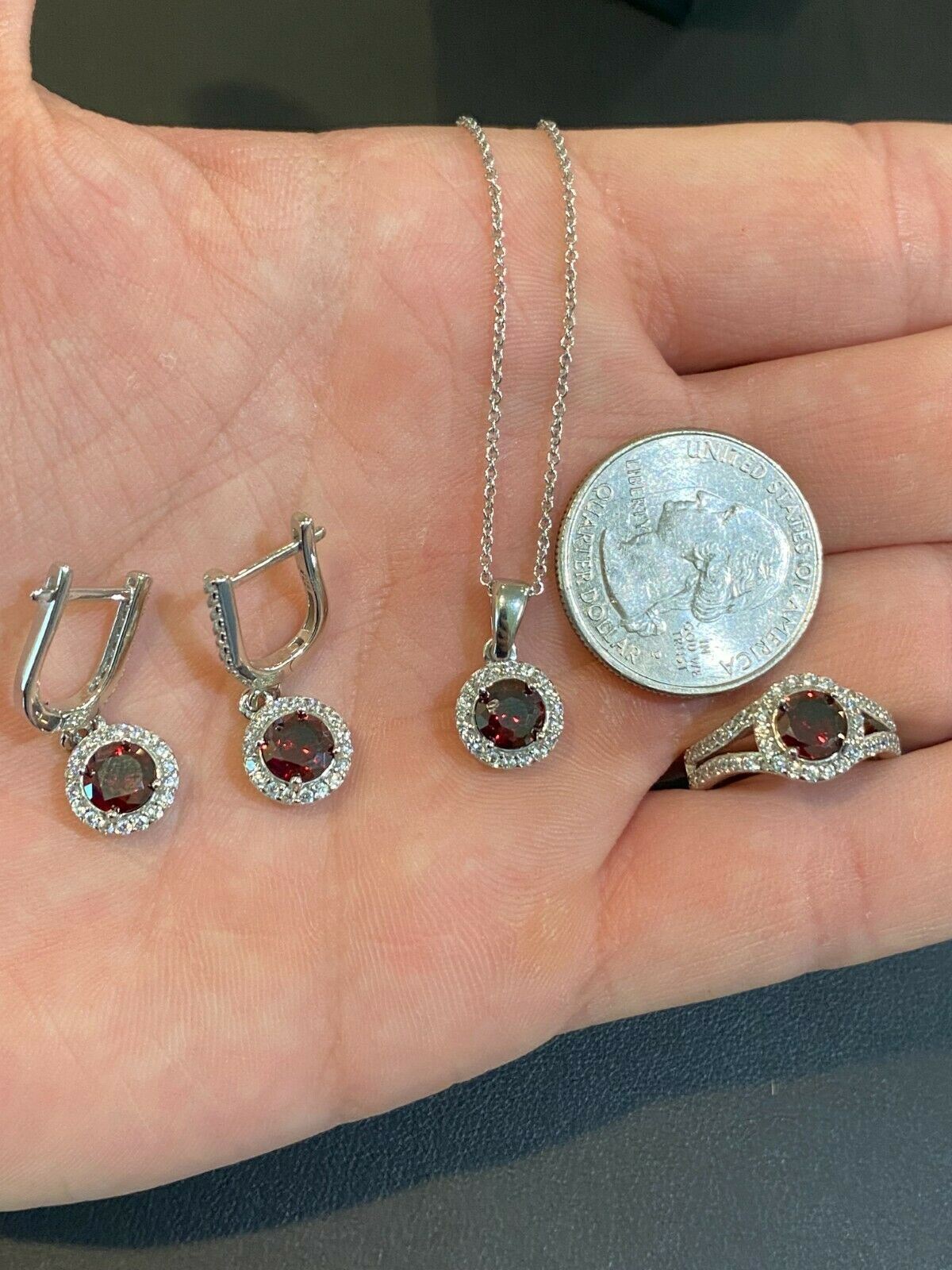 Real 925 Silver Red Ruby & Simulated Diamond Ring Pendant Necklace & Earring Set