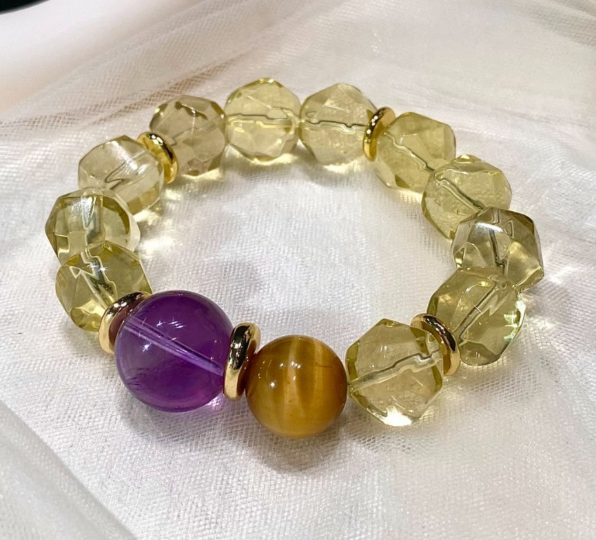 LUSA FEELA Natural Citrine Tiger Eye Crystal Beaded Stretch Bracelet Gift Box