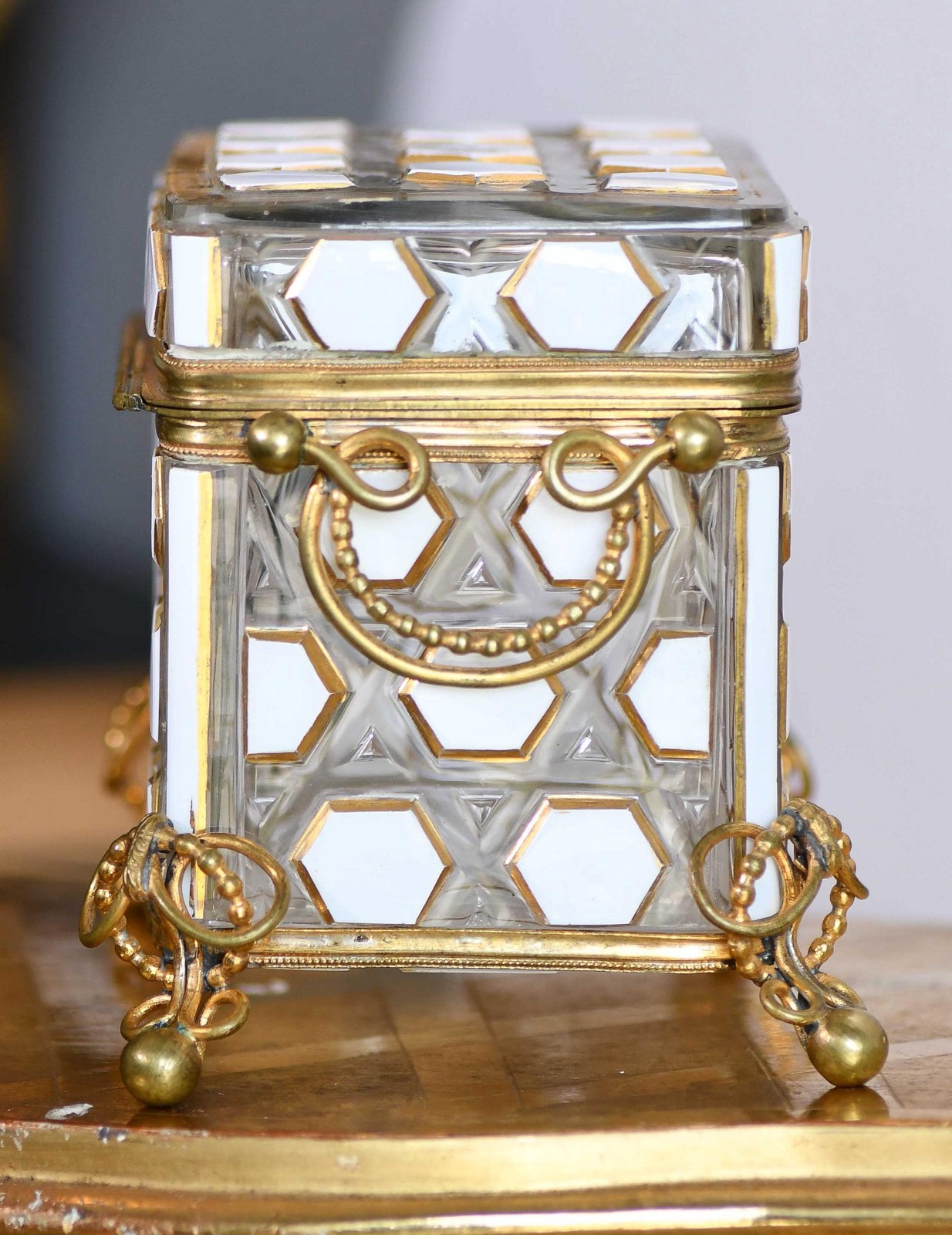 European Glass Box with White Hexagon Design and Bronze Hardware