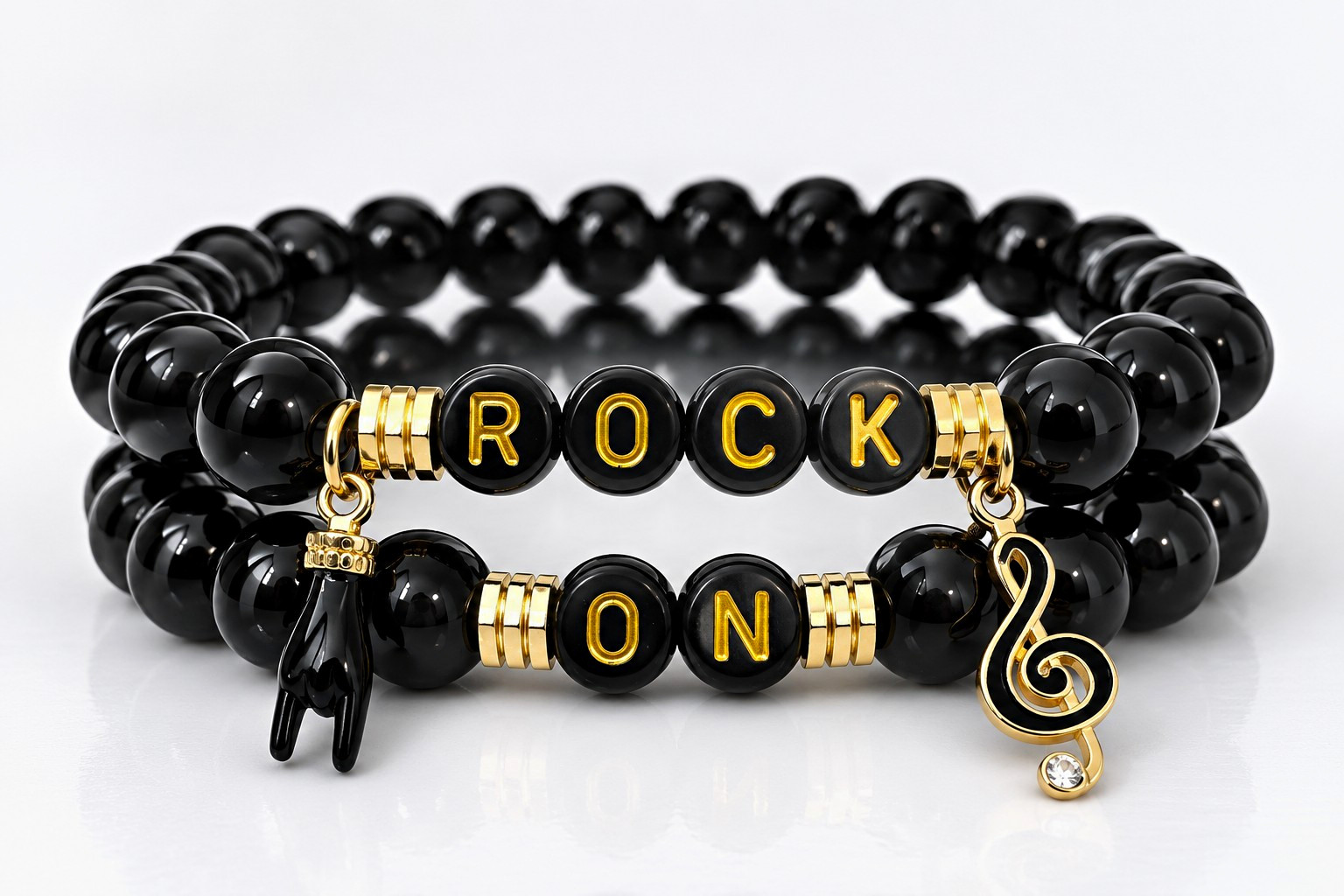 Black Beaded Stretch Bracelet Set Gold Tone ROCK ON Music Note Dangle Charm