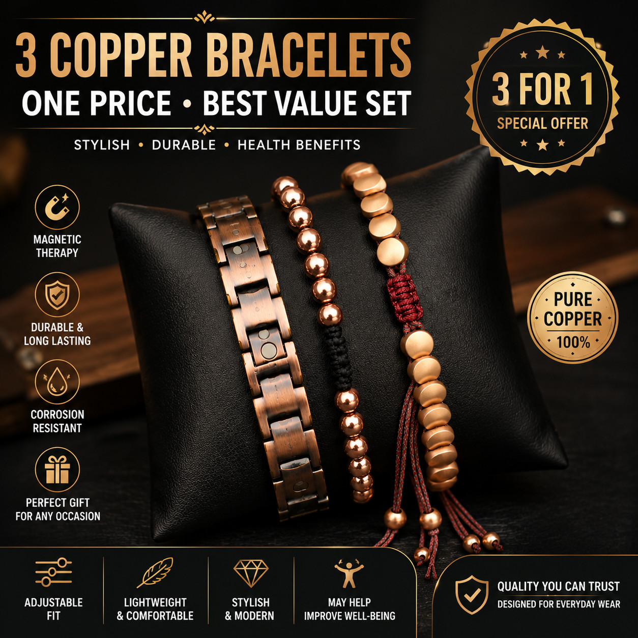 3 Copper Bracelets Set for Men & Women – Magnetic Therapy Adjustable Bracelet Bu