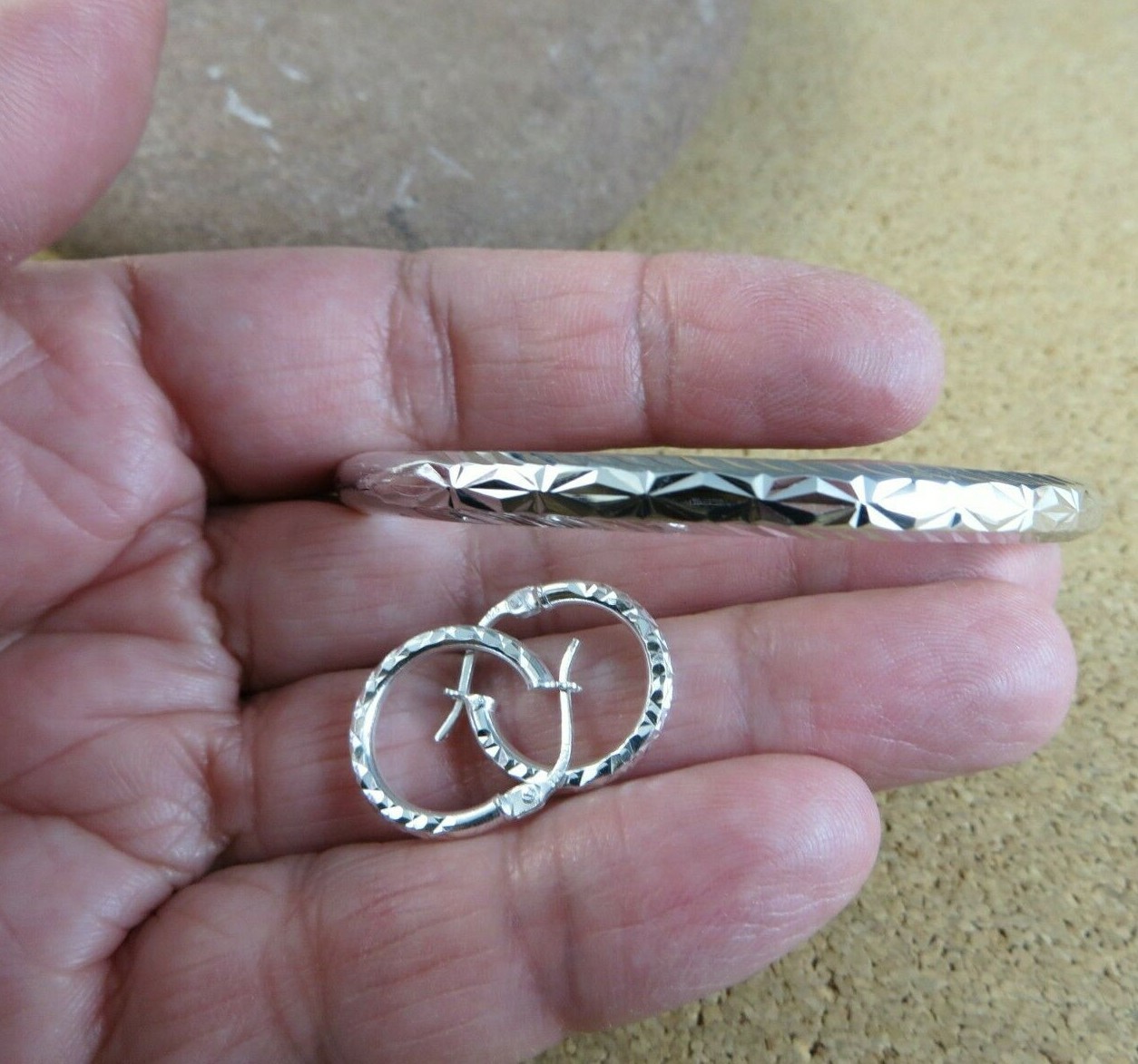 Etched Sterling Silver Hinged Bangle Bracelet & Latch back Hoop Earrings #209