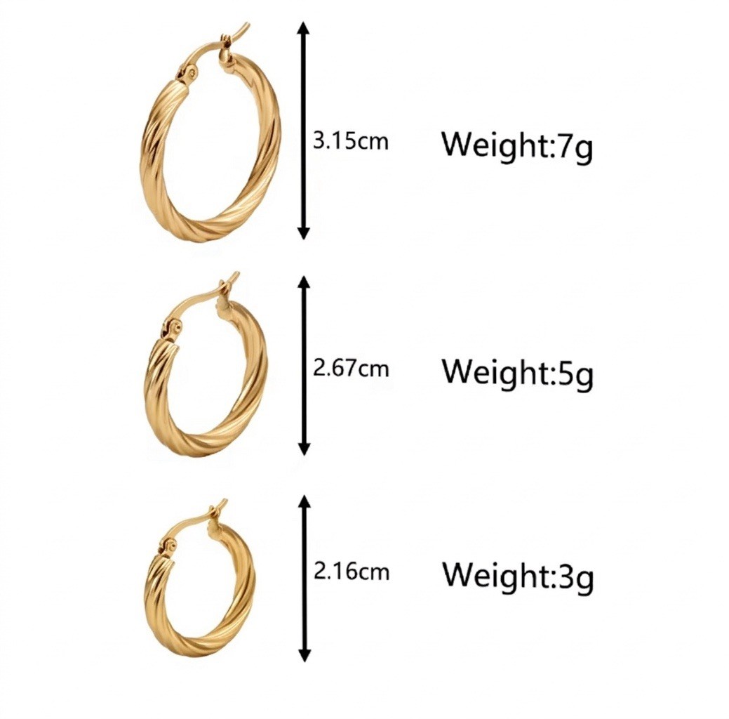 3 PAIRS Woman 18K Gold Plated Stainless Steel Twist Hoop Earrings Multiple Sizes