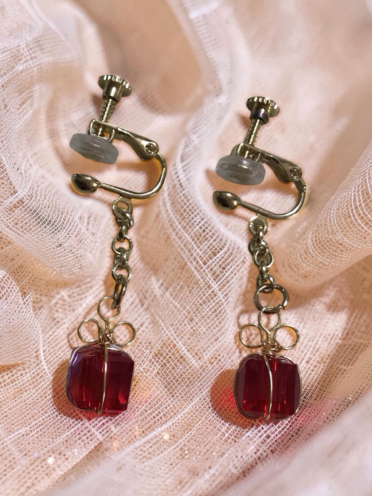 Gold Color Clip On Screw Back Style Dangle Earrings w/ Red Crystal wrapped Bow